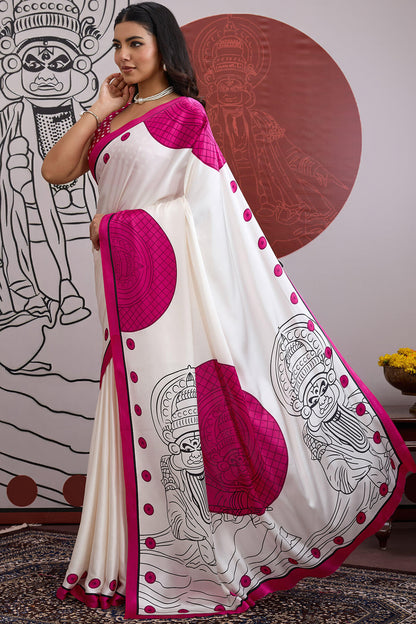 Luminous Off White and Pink Ajrakh Printed Satin Silk Saree With Phenomenal Blouse Piece