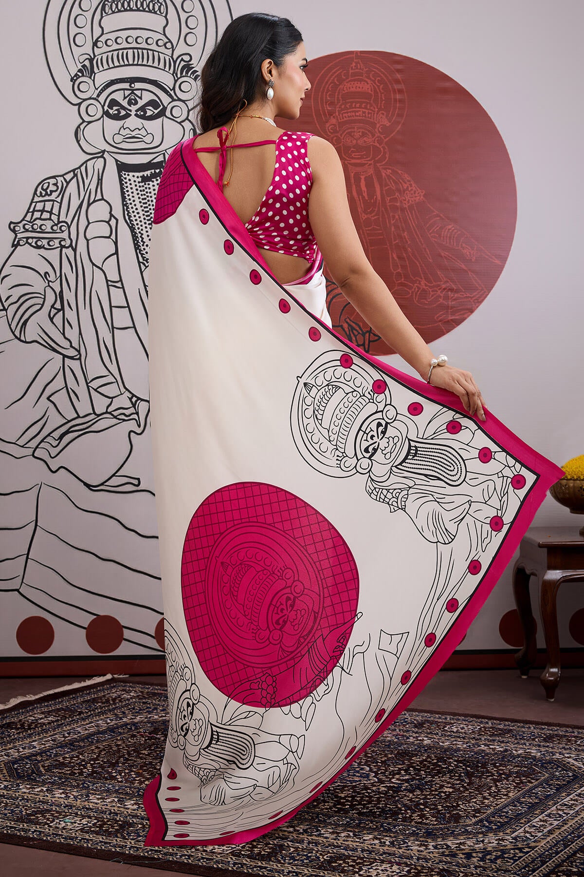 Luminous Off White and Pink Ajrakh Printed Satin Silk Saree With Phenomenal Blouse Piece