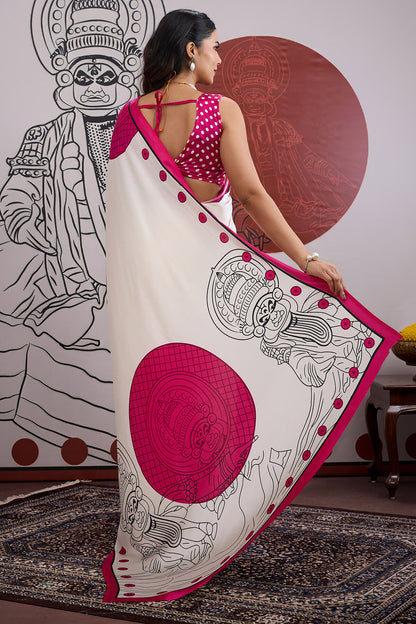 Luminous Off White and Pink Ajrakh Printed Satin Silk Saree With Phenomenal Blouse Piece