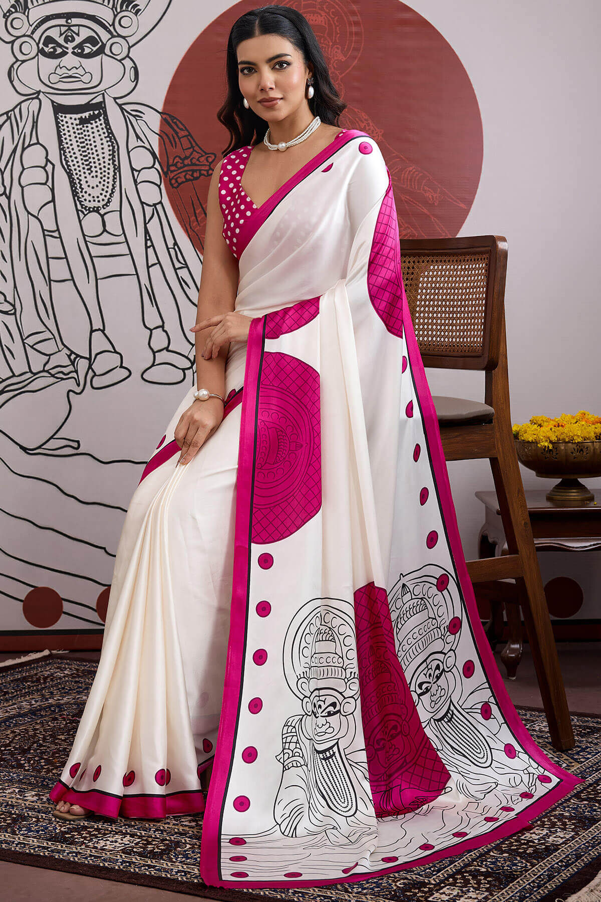 Luminous Off White and Pink Ajrakh Printed Satin Silk Saree With Phenomenal Blouse Piece