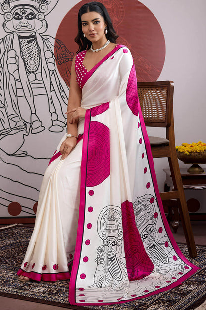 Luminous Off White and Pink Ajrakh Printed Satin Silk Saree With Phenomenal Blouse Piece