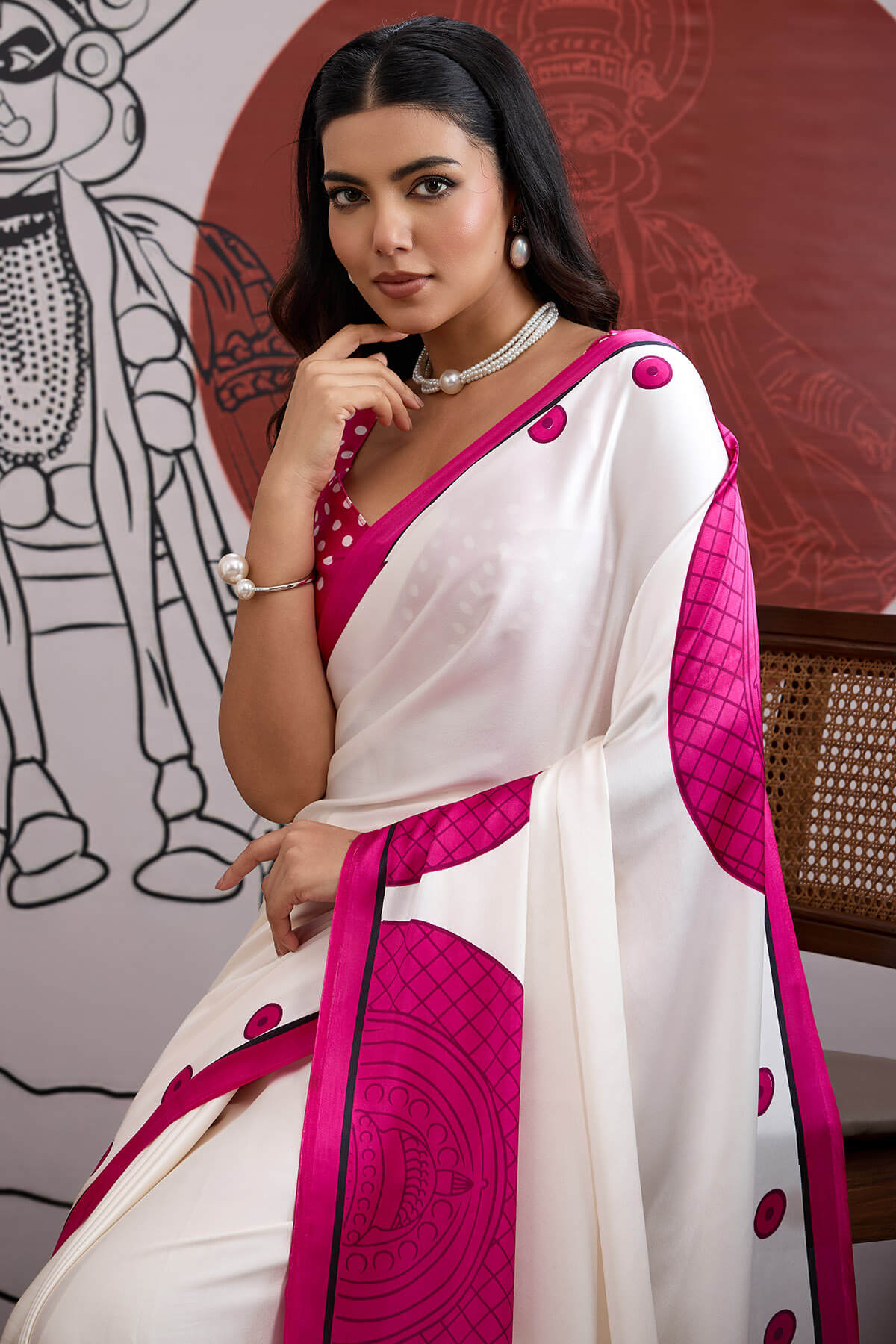 Luminous Off White and Pink Ajrakh Printed Satin Silk Saree With Phenomenal Blouse Piece