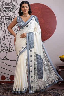 Nemesis Off White and Grey Ajrakh Printed Satin Silk Saree With Confounding Blouse Piece