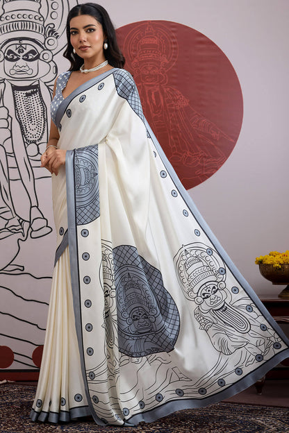 Nemesis Off White and Grey Ajrakh Printed Satin Silk Saree With Confounding Blouse Piece