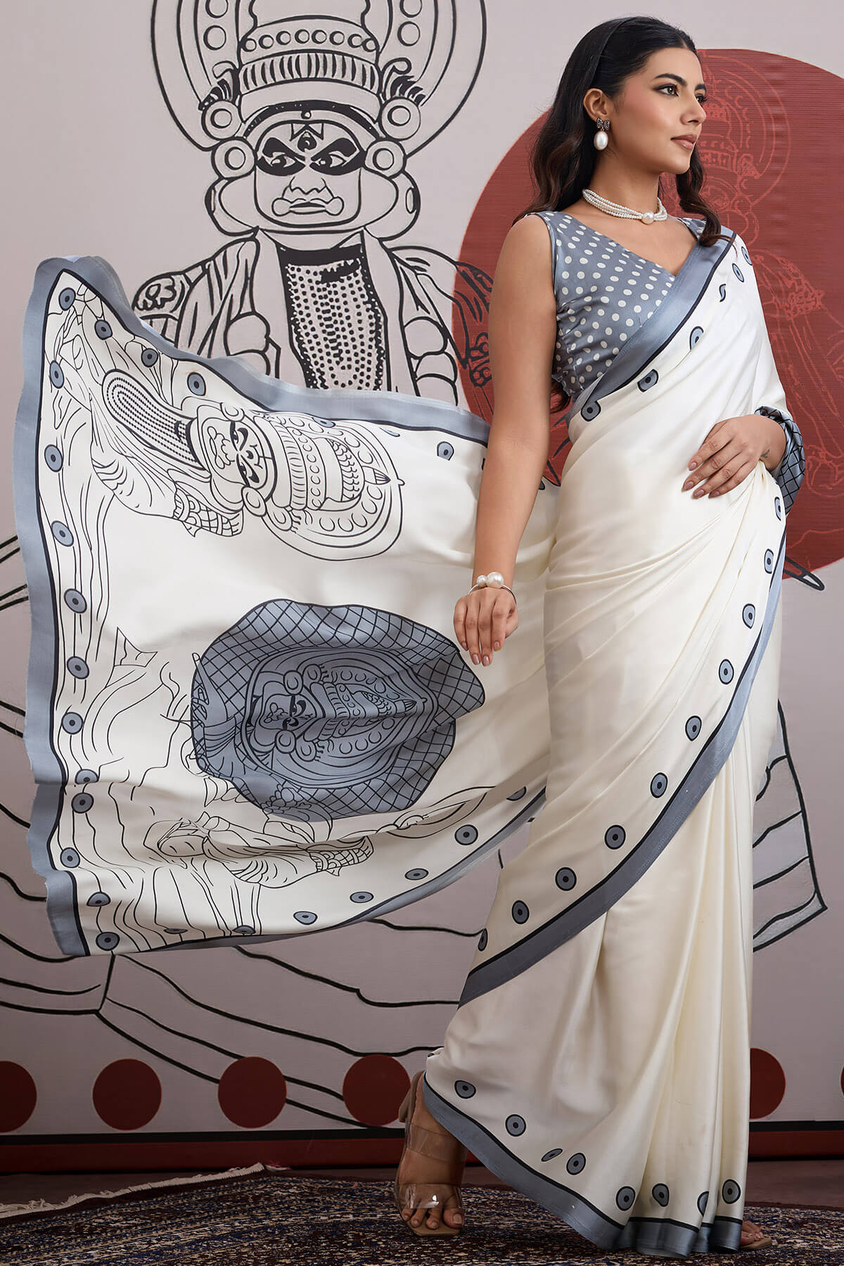 Nemesis Off White and Grey Ajrakh Printed Satin Silk Saree With Confounding Blouse Piece