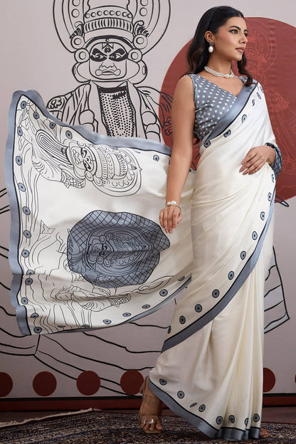 Nemesis Off White and Grey Ajrakh Printed Satin Silk Saree With Confounding Blouse Piece