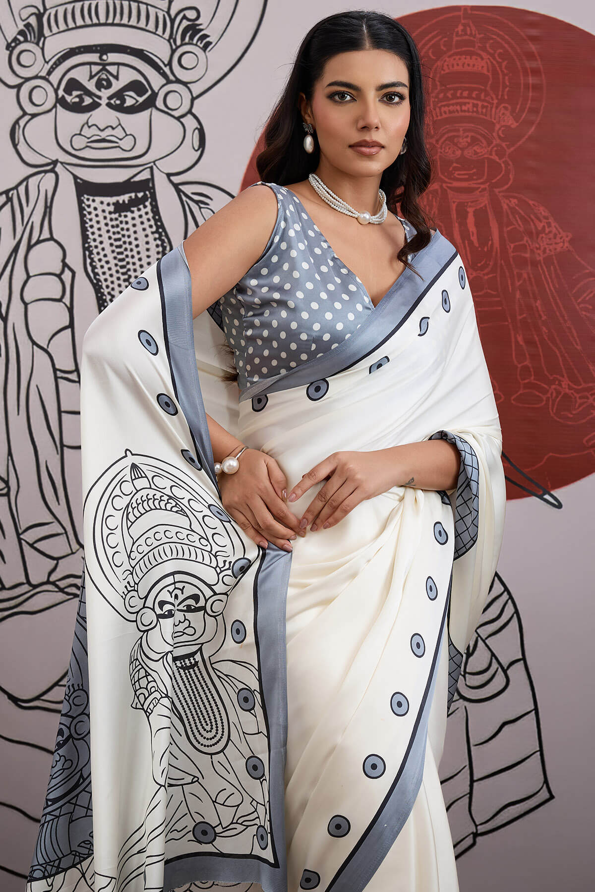 Nemesis Off White and Grey Ajrakh Printed Satin Silk Saree With Confounding Blouse Piece