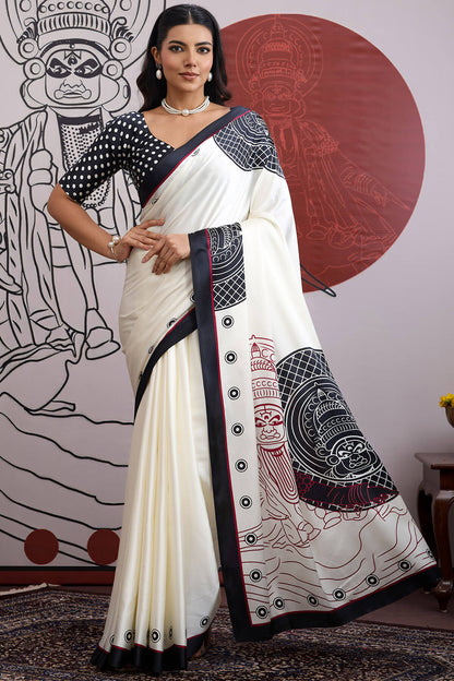 Woebegone Off White and Black Ajrakh Printed Satin Silk Saree With Lovely Blouse Piece