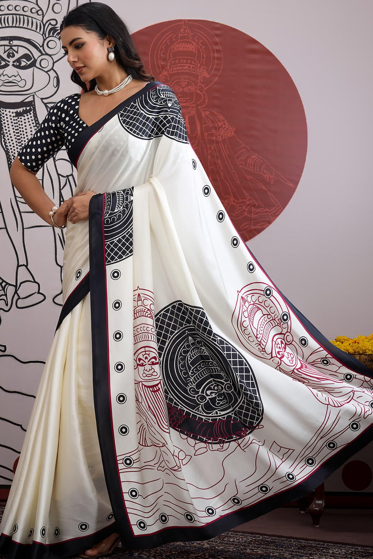 Woebegone Off White and Black Ajrakh Printed Satin Silk Saree With Lovely Blouse Piece