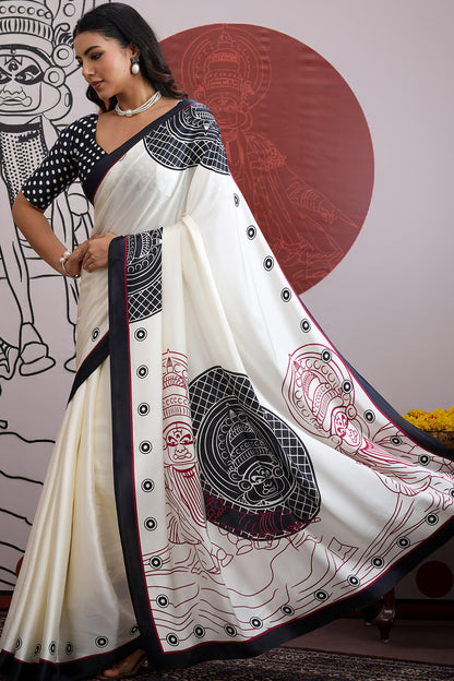 Woebegone Off White and Black Ajrakh Printed Satin Silk Saree With Lovely Blouse Piece