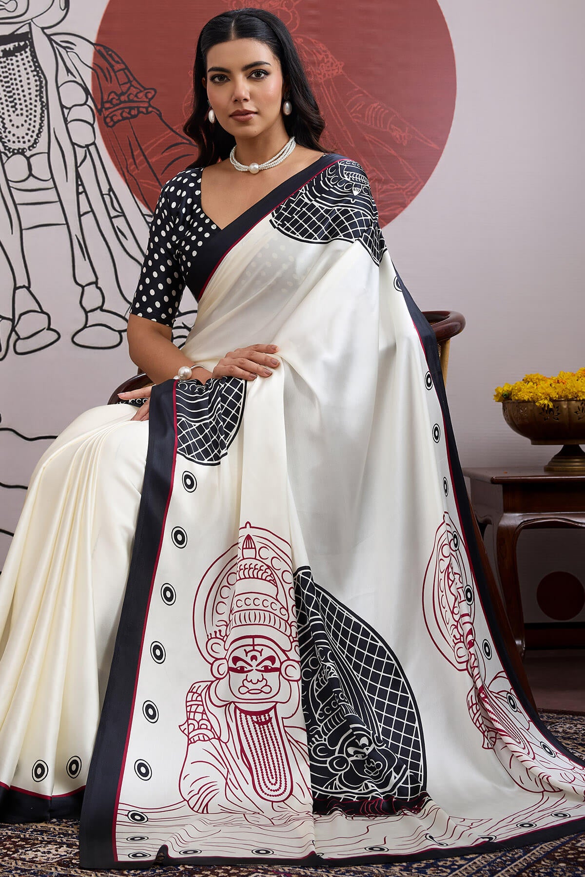 Woebegone Off White and Black Ajrakh Printed Satin Silk Saree With Lovely Blouse Piece