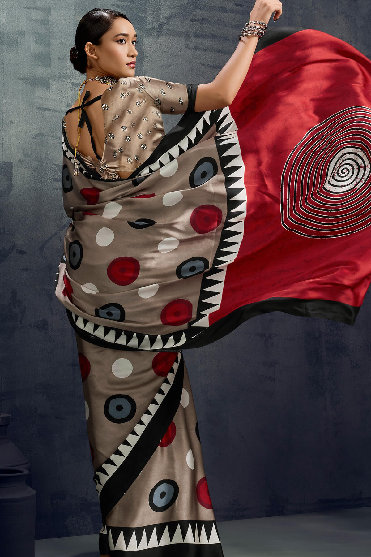 Mesmerising Brown Ajrakh Printed Satin Silk Saree With Ephemeral Blouse Piece