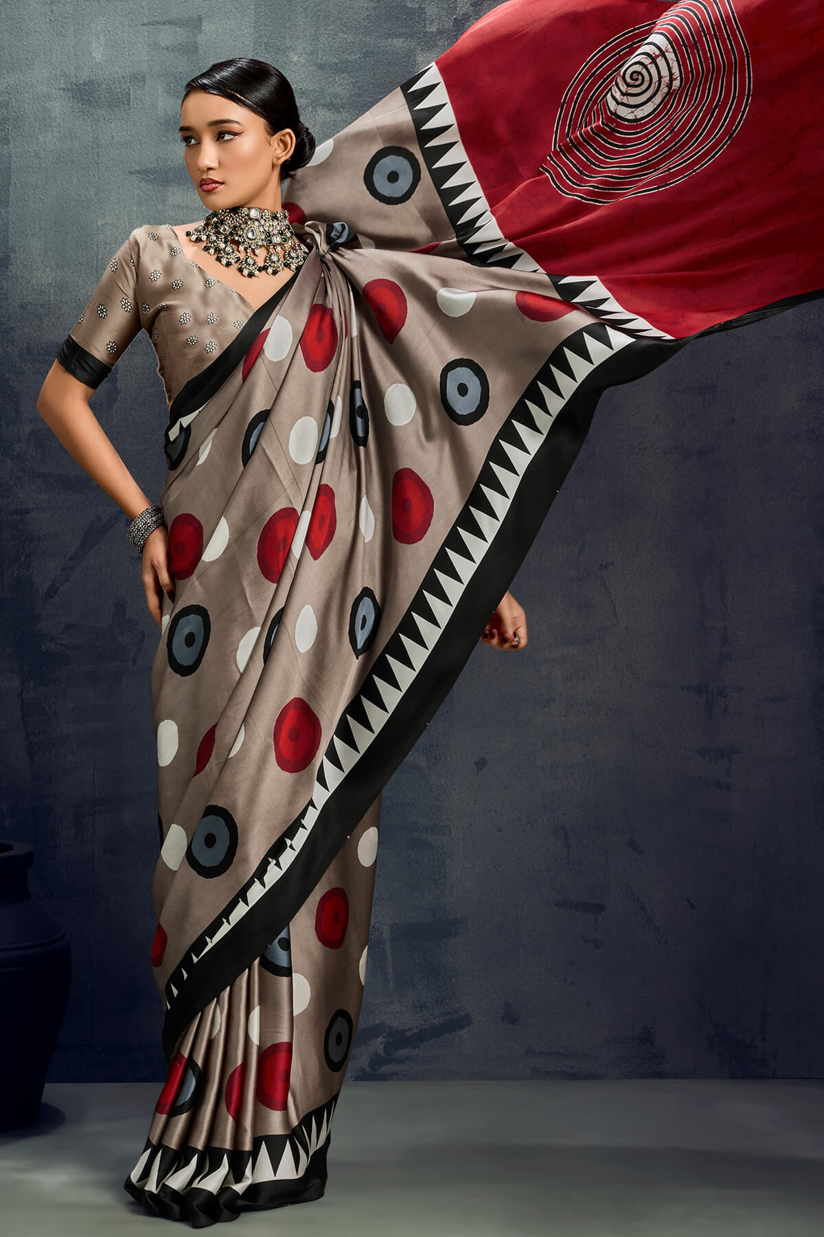 Mesmerising Brown Ajrakh Printed Satin Silk Saree With Ephemeral Blouse Piece