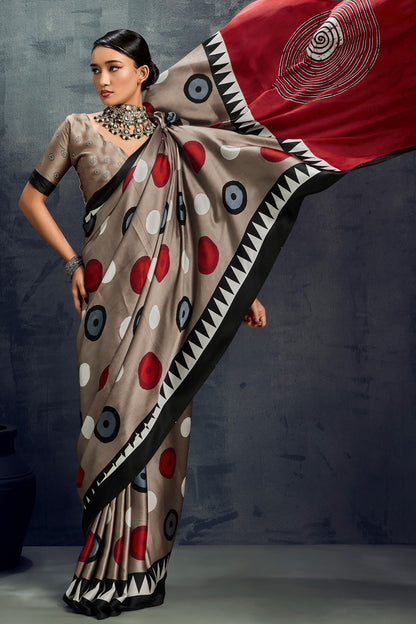Mesmerising Brown Ajrakh Printed Satin Silk Saree With Ephemeral Blouse Piece