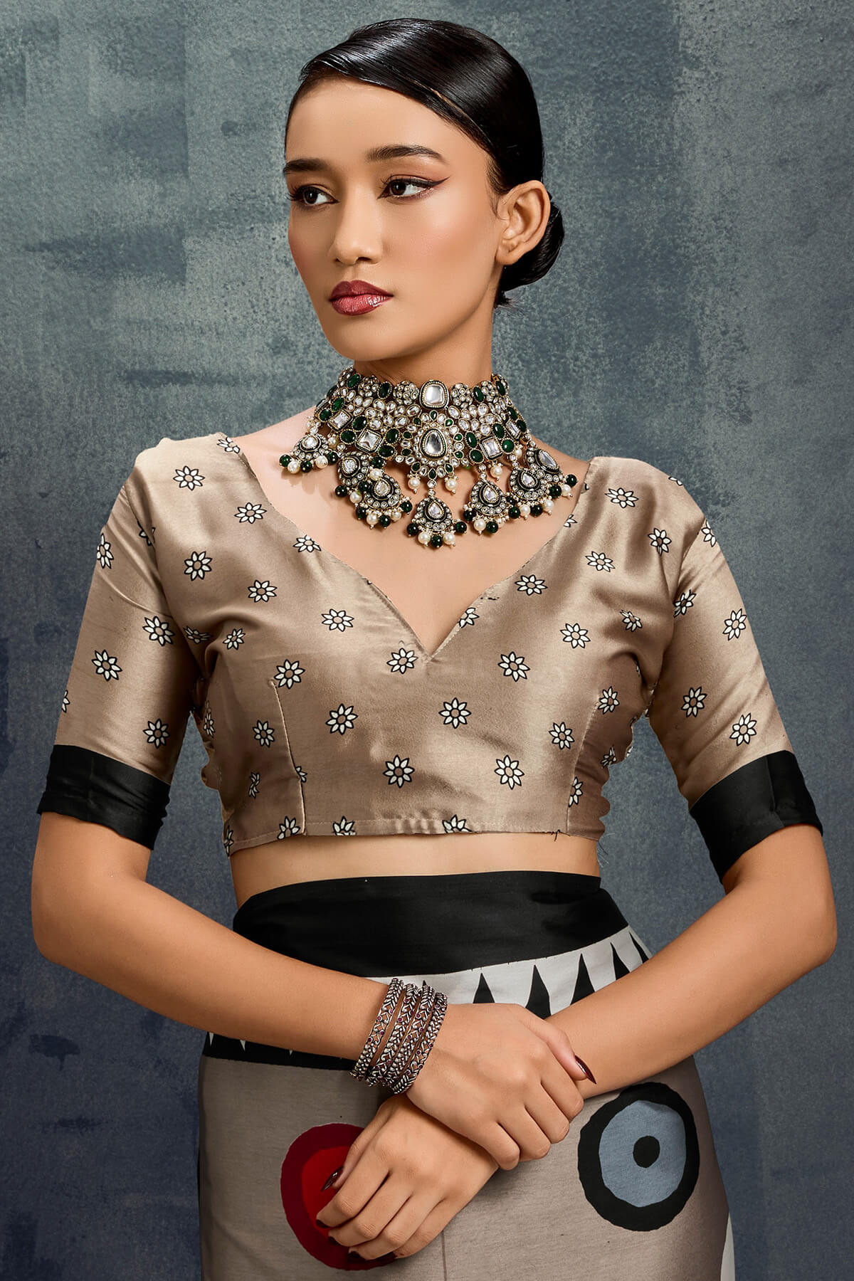 Mesmerising Brown Ajrakh Printed Satin Silk Saree With Ephemeral Blouse Piece