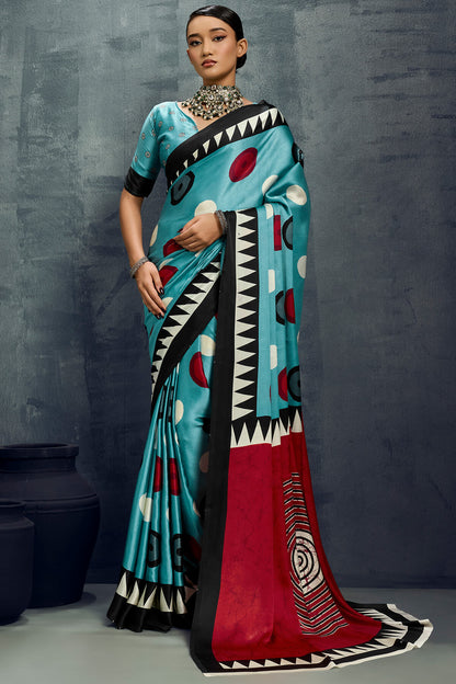 Luxuriant Firozi Ajrakh Printed Satin Silk Saree With Dalliance Blouse Piece