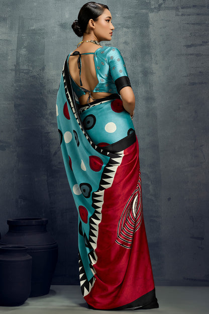 Luxuriant Firozi Ajrakh Printed Satin Silk Saree With Dalliance Blouse Piece