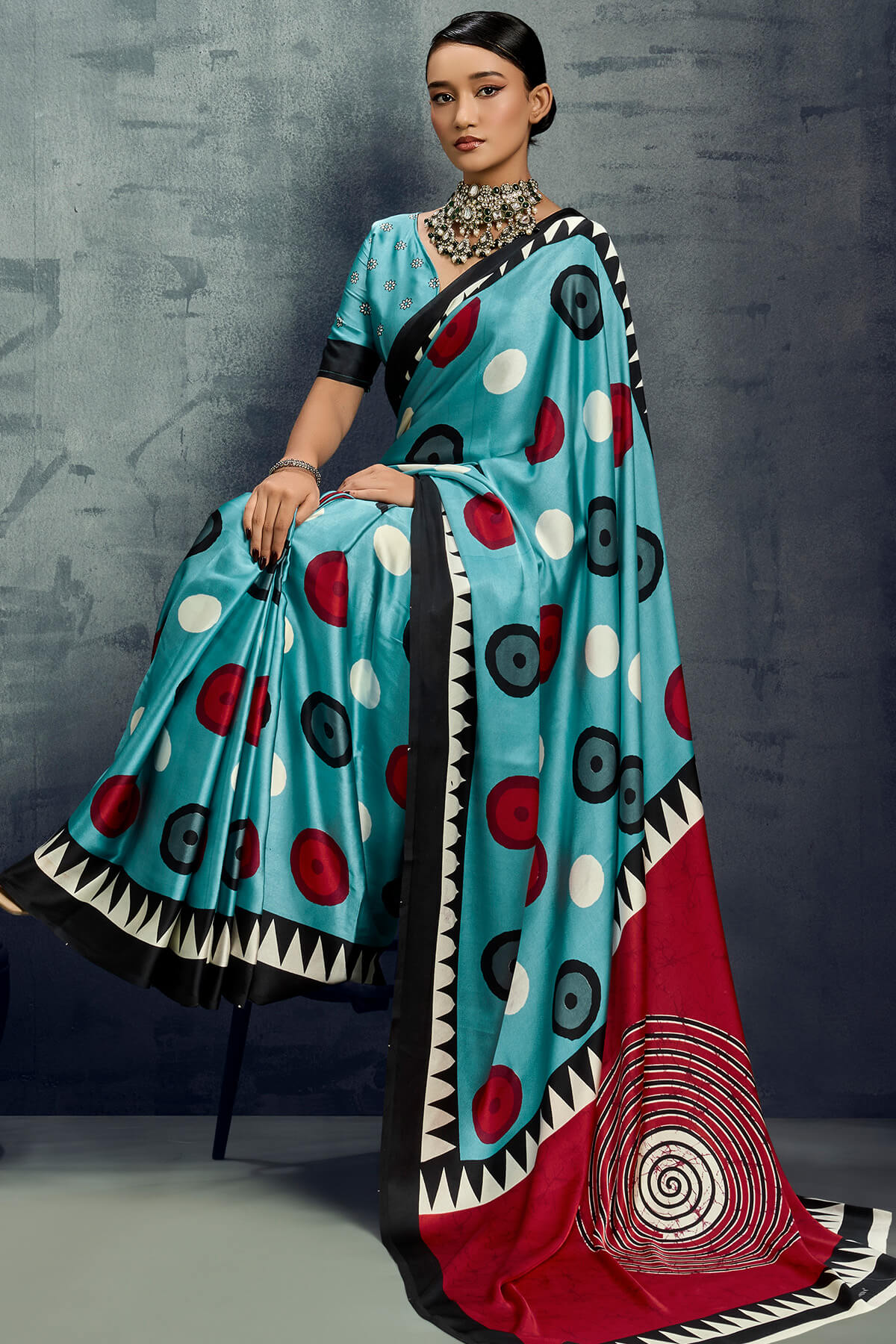 Luxuriant Firozi Ajrakh Printed Satin Silk Saree With Dalliance Blouse Piece