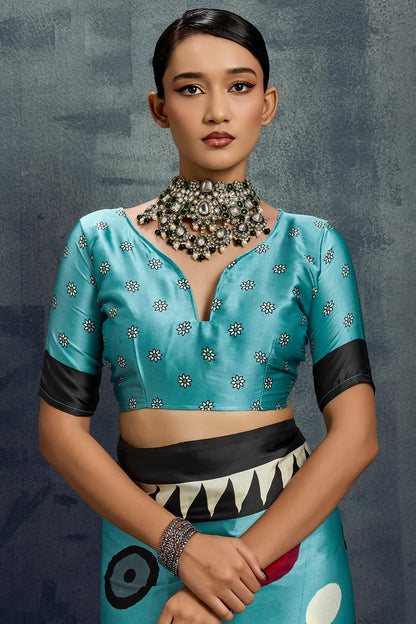 Luxuriant Firozi Ajrakh Printed Satin Silk Saree With Dalliance Blouse Piece