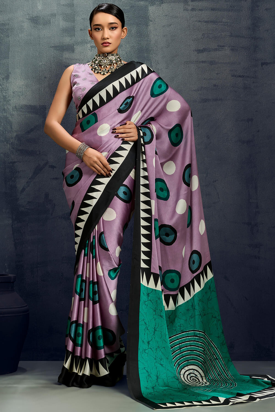 Surreptitious Lavender Ajrakh Printed Satin Silk Saree With Fugacious Blouse Piece