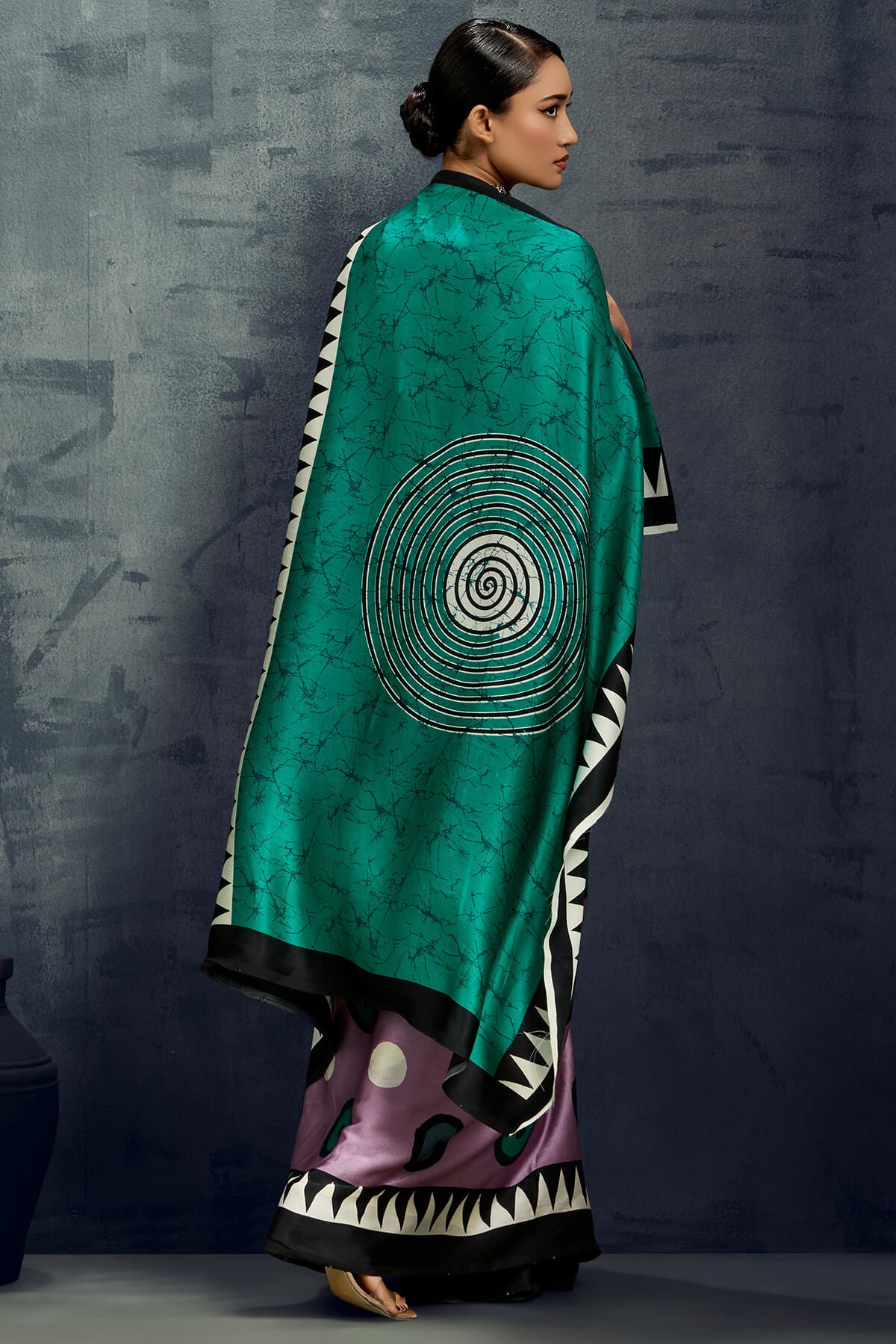 Surreptitious Lavender Ajrakh Printed Satin Silk Saree With Fugacious Blouse Piece