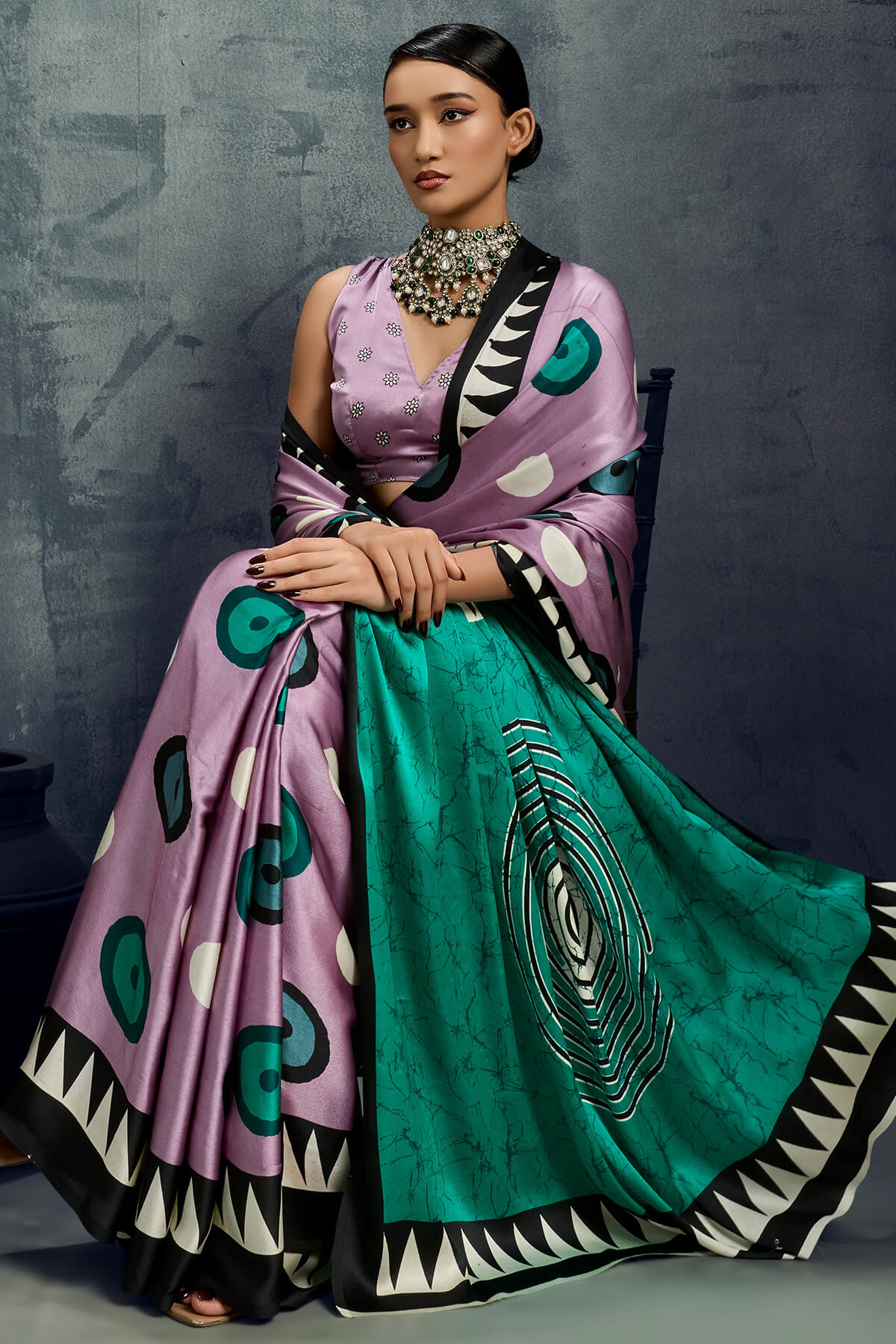 Surreptitious Lavender Ajrakh Printed Satin Silk Saree With Fugacious Blouse Piece