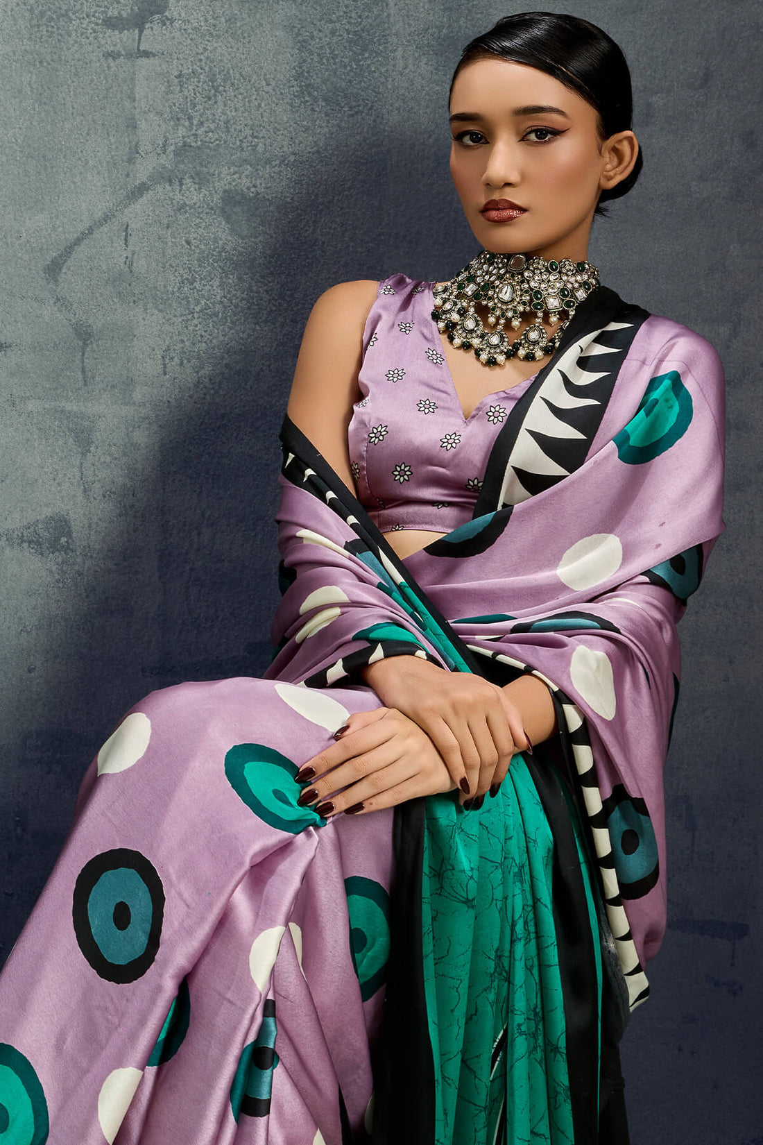 Surreptitious Lavender Ajrakh Printed Satin Silk Saree With Fugacious Blouse Piece