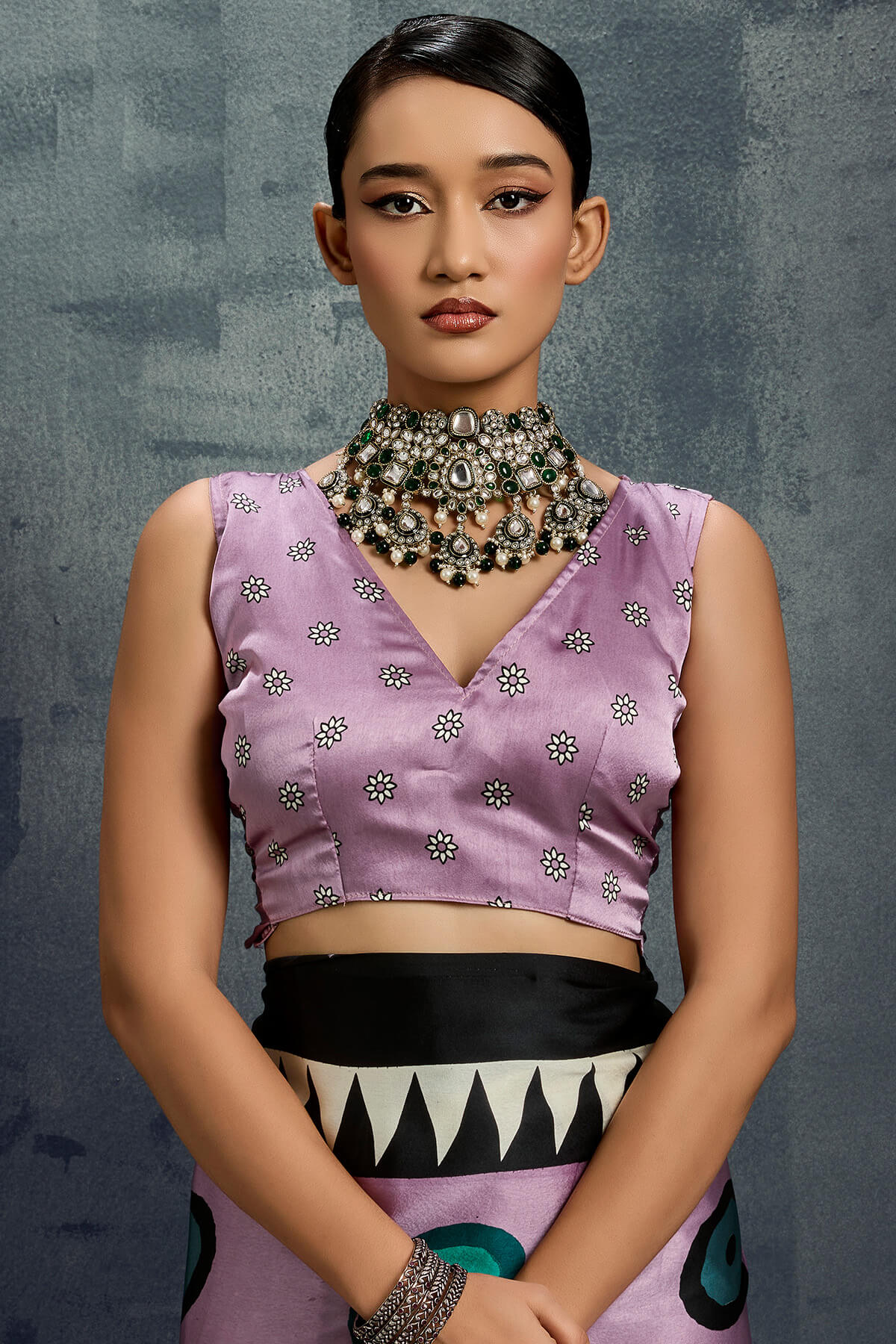 Surreptitious Lavender Ajrakh Printed Satin Silk Saree With Fugacious Blouse Piece