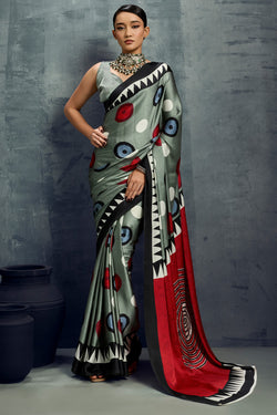 Evanescent Grey Ajrakh Printed Satin Silk Saree With Tremendous Blouse Piece
