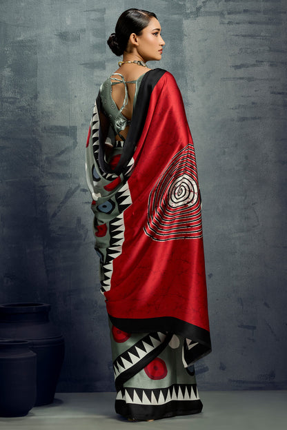 Evanescent Grey Ajrakh Printed Satin Silk Saree With Tremendous Blouse Piece