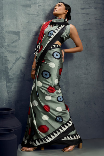 Evanescent Grey Ajrakh Printed Satin Silk Saree With Tremendous Blouse Piece