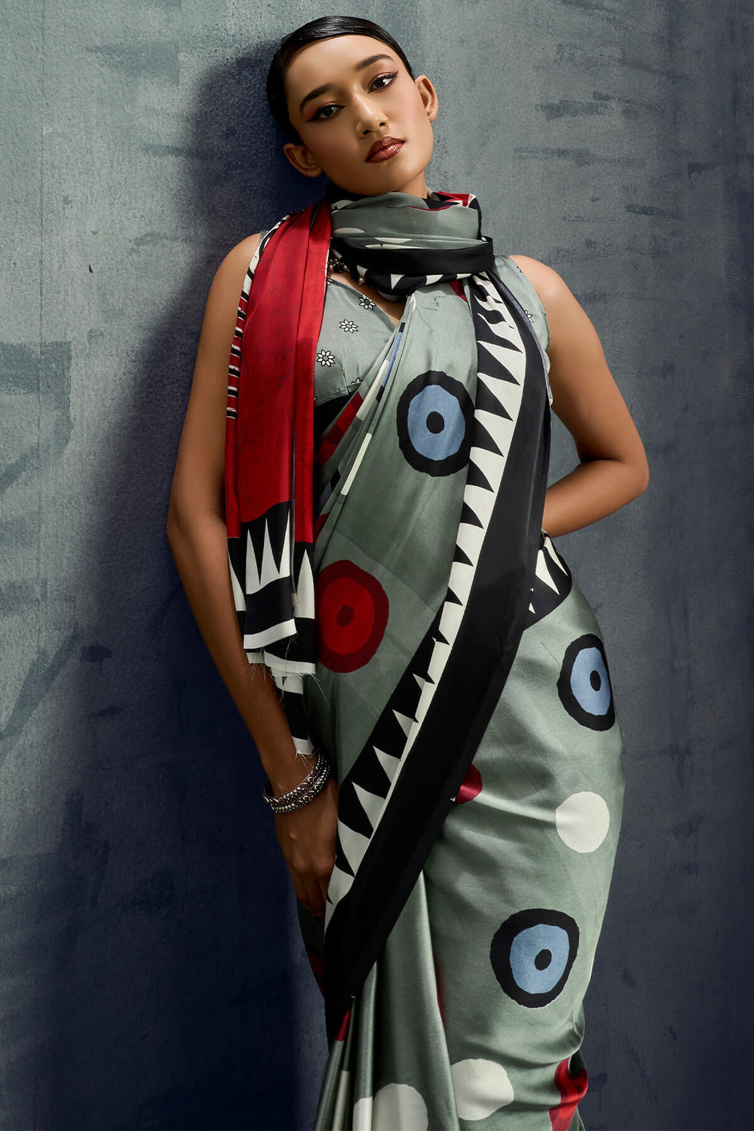 Evanescent Grey Ajrakh Printed Satin Silk Saree With Tremendous Blouse Piece