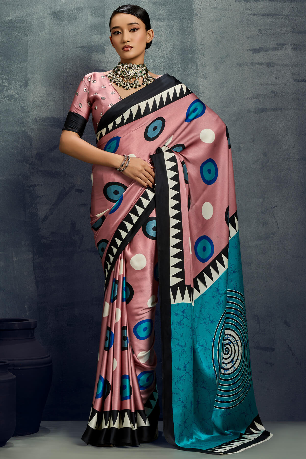 Adorning Pink Ajrakh Printed Satin Silk Saree With Chatoyant Blouse Piece