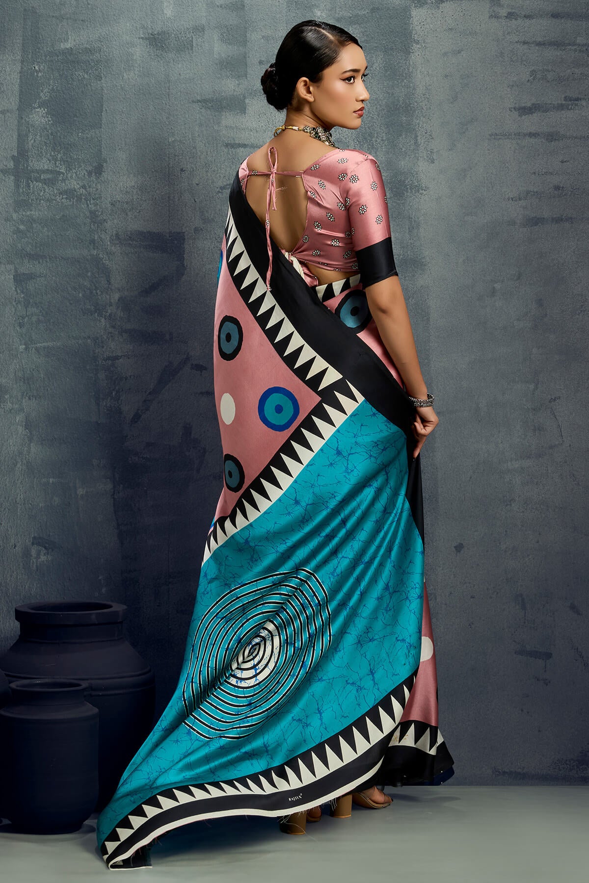 Adorning Pink Ajrakh Printed Satin Silk Saree With Chatoyant Blouse Piece