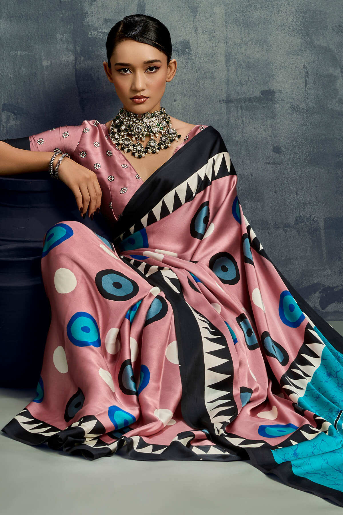 Adorning Pink Ajrakh Printed Satin Silk Saree With Chatoyant Blouse Piece