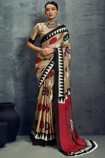 Demanding Dark Beige Ajrakh Printed Satin Silk Saree With Radiant Blouse Piece