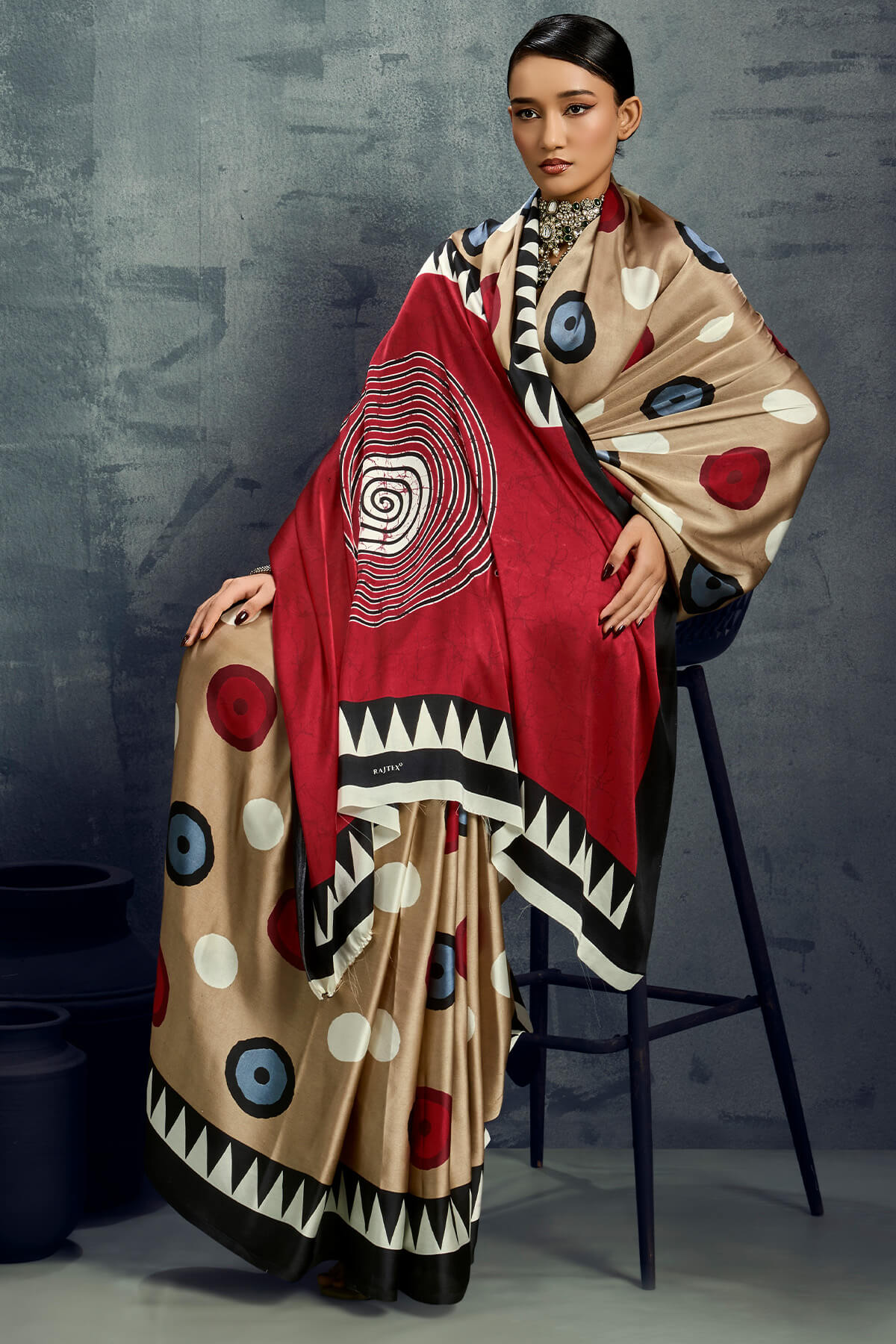 Demanding Dark Beige Ajrakh Printed Satin Silk Saree With Radiant Blouse Piece