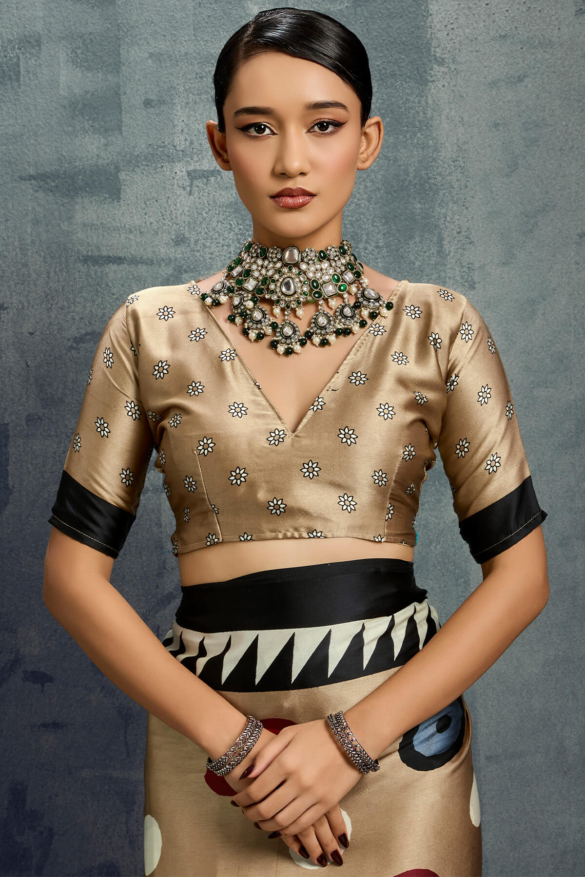 Demanding Dark Beige Ajrakh Printed Satin Silk Saree With Radiant Blouse Piece