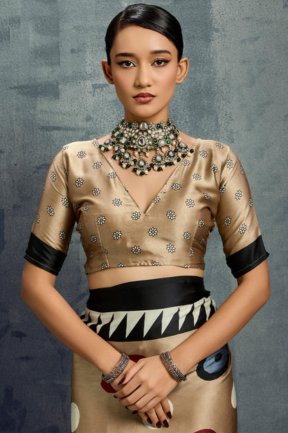 Demanding Dark Beige Ajrakh Printed Satin Silk Saree With Radiant Blouse Piece