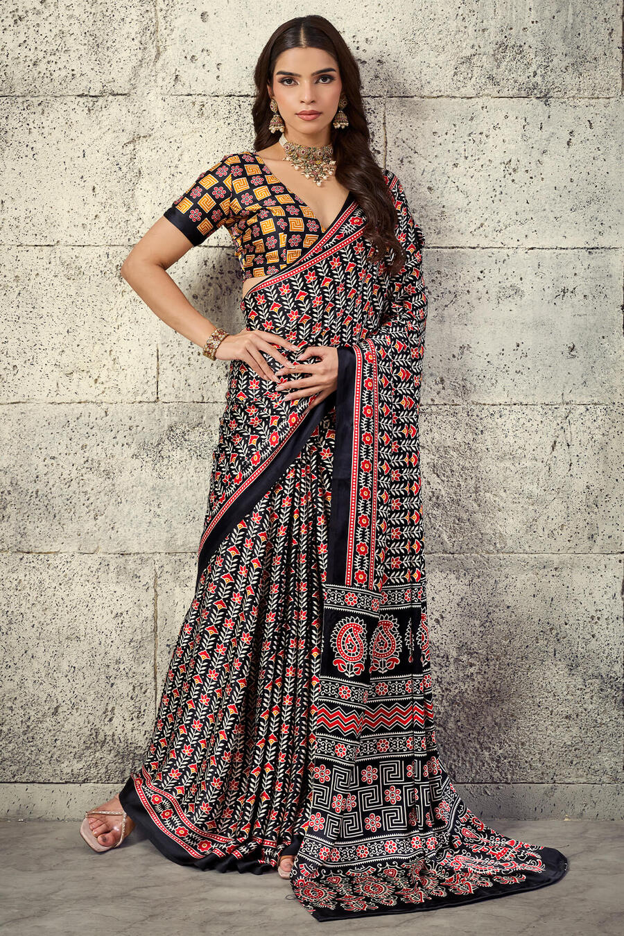 Angelic Black Ajrakh Printed Satin Silk Saree With Lovely Blouse Piece