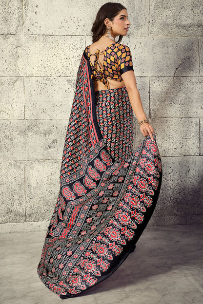 Angelic Black Ajrakh Printed Satin Silk Saree With Lovely Blouse Piece