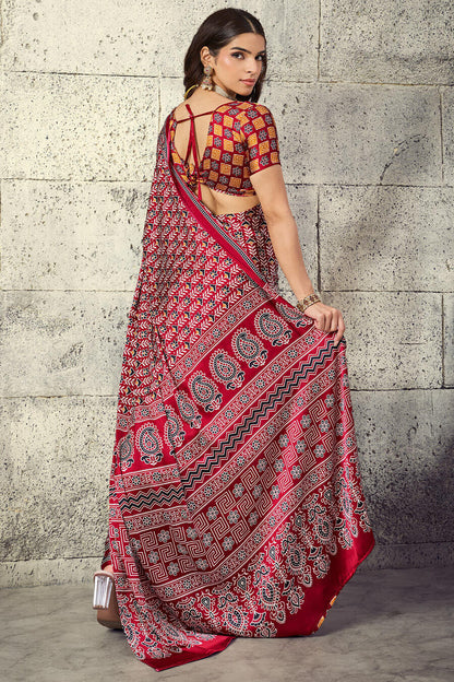 Vivacious Maroon Ajrakh Printed Satin Silk Saree With Splendorous Blouse Piece