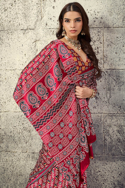 Vivacious Maroon Ajrakh Printed Satin Silk Saree With Splendorous Blouse Piece
