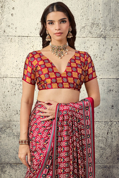 Vivacious Maroon Ajrakh Printed Satin Silk Saree With Splendorous Blouse Piece