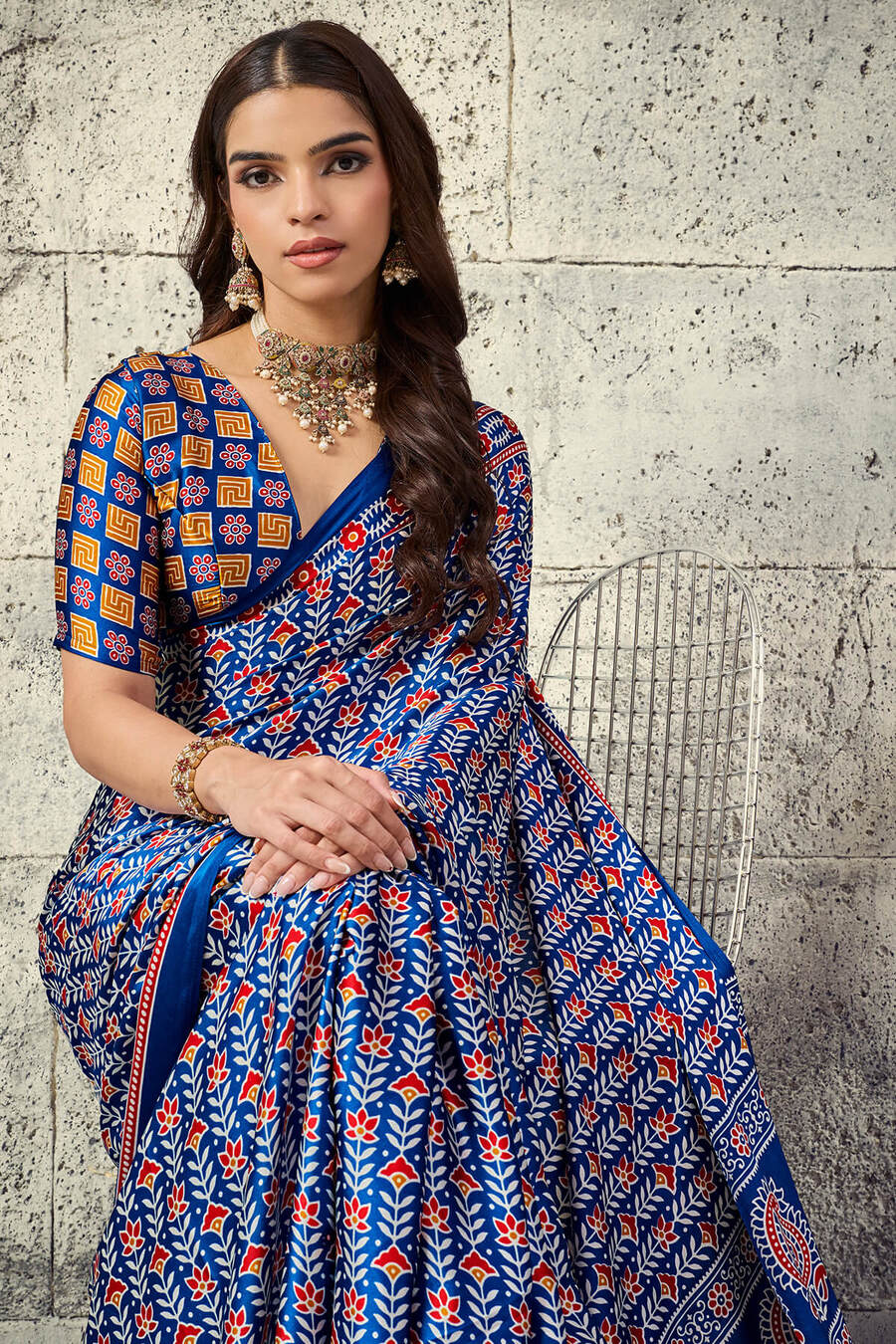 Inimitable Navy Blue Ajrakh Printed Satin Silk Saree With Whimsical Blouse Piece