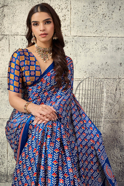 Inimitable Navy Blue Ajrakh Printed Satin Silk Saree With Whimsical Blouse Piece