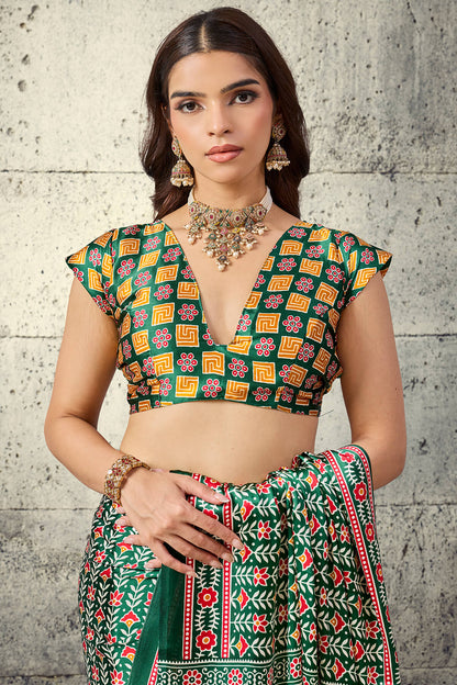 Prominent Green Ajrakh Printed Satin Silk Saree With Prettiest Blouse Piece
