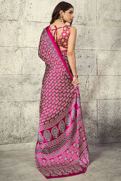 Mesmerising Dark Pink Ajrakh Printed Satin Silk Saree With Magnificat Blouse Piece