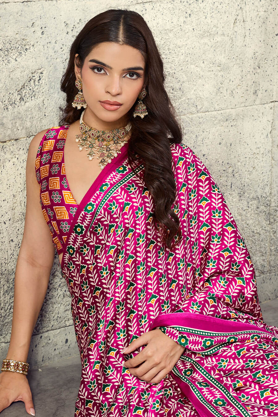 Mesmerising Dark Pink Ajrakh Printed Satin Silk Saree With Magnificat Blouse Piece
