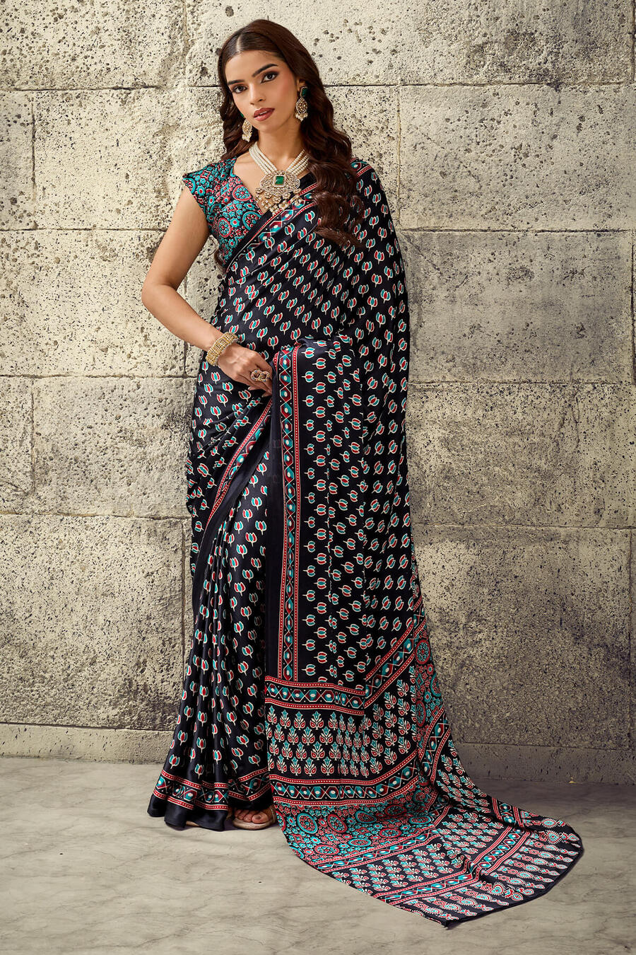 Refreshing Black Ajrakh Printed Satin Silk Saree With Serendipity Blouse Piece